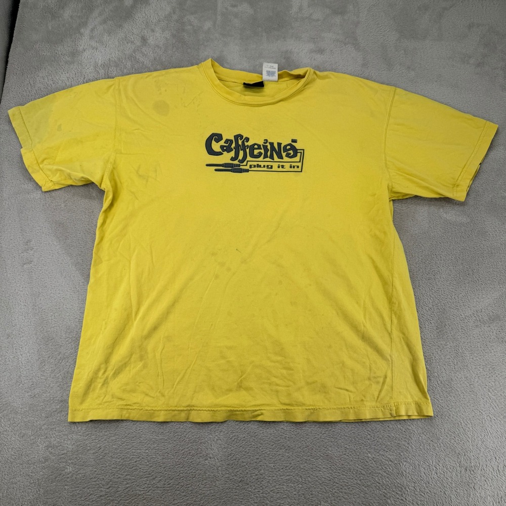 Vintage Caffeine Records Mens T Shirt XL Yellow Preowned Rave NYC